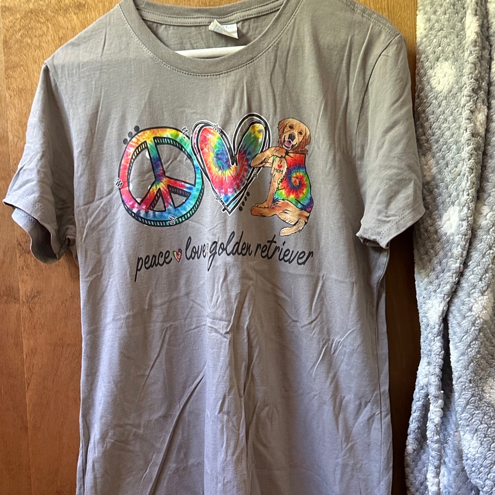 Peace Love Golden Retriever Tie-Dye Graphic Tee - Gray